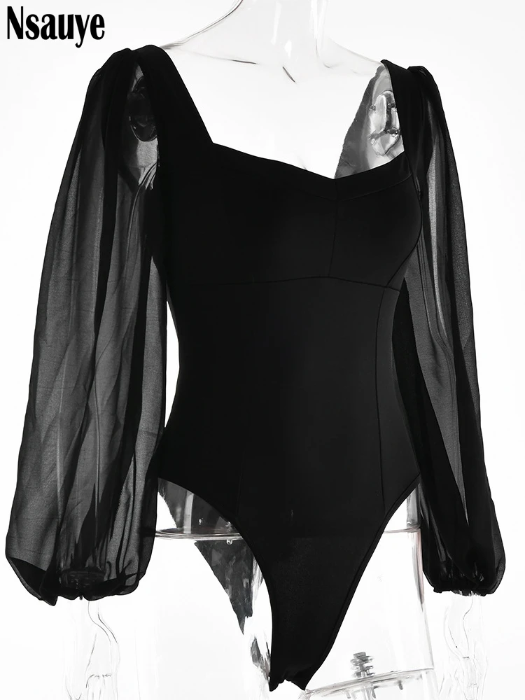 Nsauye 2022 Autumn Summer Sheath Long Puff Sleeve Skinny Women Rompers Bodysuits Y2K Square Collar Fashion Jumpsuit Body Tops – Image 19