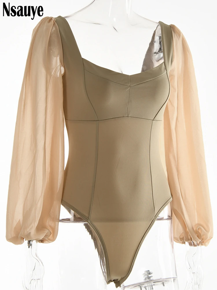 Nsauye 2022 Autumn Summer Sheath Long Puff Sleeve Skinny Women Rompers Bodysuits Y2K Square Collar Fashion Jumpsuit Body Tops – Image 16