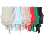 Women Fashion With Bow Solid Pleated Backless Cropped Tank Tops Vintage O-Neck Sleeveless Female Chic Lady Tops