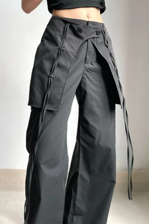 Y2K Long Pants Mid Waist Women Loose Cargo Pant Comfortable Black Solid Color Vintage Relaxed Fit Drawstring with Large Pockets