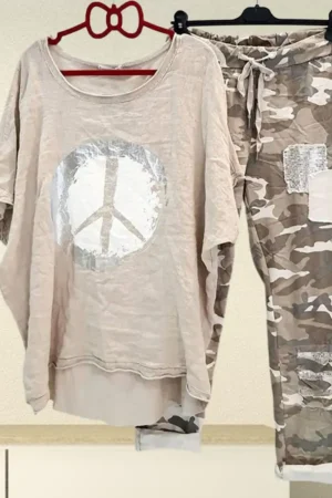 1 Set T-shirt Pants  Camouflage   T-shirt Trouser Set Relaxed Fit Lace-up Outfit