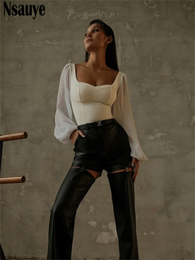 Nsauye 2022 Autumn Summer Sheath Long Puff Sleeve Skinny Women Rompers Bodysuits Y2K Square Collar Fashion Jumpsuit Body Tops – Image 14