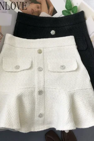 OCEANLOVE Tweed Women Skirts Solid Ruffles Vintage A-line Buttons Autumn Winter Faldas Mujer Korean Elegant Jupe Femme Retro