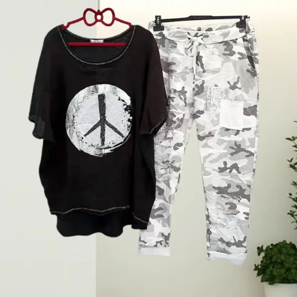 1 Set T-shirt Pants  Camouflage   T-shirt Trouser Set Relaxed Fit Lace-up Outfit – Image 3