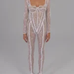 Mozision Lace See Through Long Sleeve Sexy Jumpsuit Square Collar Backless Skinny Night Club Party Jumpsuits Elegant Clothes