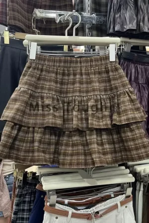 Japanes Cute Ruffled Plaid Skirt Punk Rock Subculture Cake Skirts Preppy Style Casual Summer Women Mini Skirts 2000s Clothes Y2k