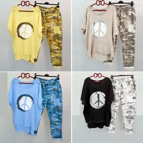 1 Set T-shirt Pants  Camouflage   T-shirt Trouser Set Relaxed Fit Lace-up Outfit – Image 4