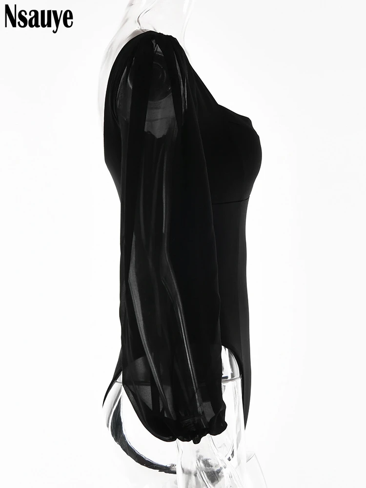 Nsauye 2022 Autumn Summer Sheath Long Puff Sleeve Skinny Women Rompers Bodysuits Y2K Square Collar Fashion Jumpsuit Body Tops – Image 20