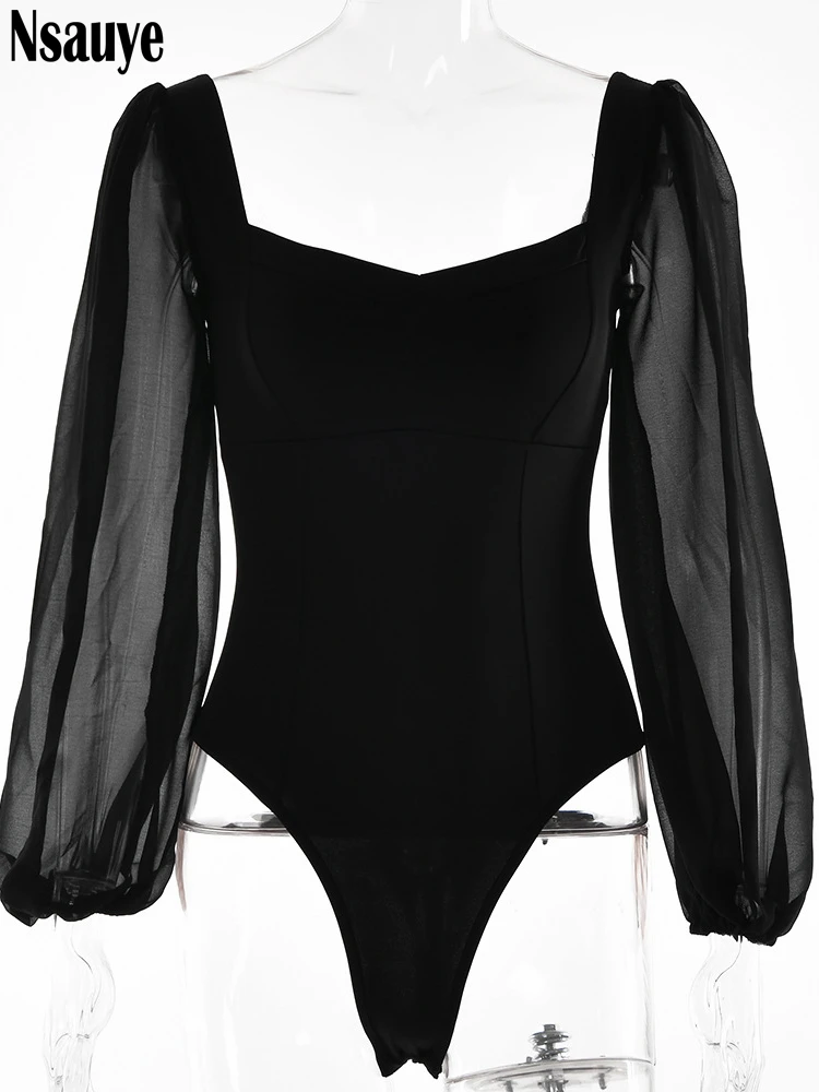 Nsauye 2022 Autumn Summer Sheath Long Puff Sleeve Skinny Women Rompers Bodysuits Y2K Square Collar Fashion Jumpsuit Body Tops – Image 18