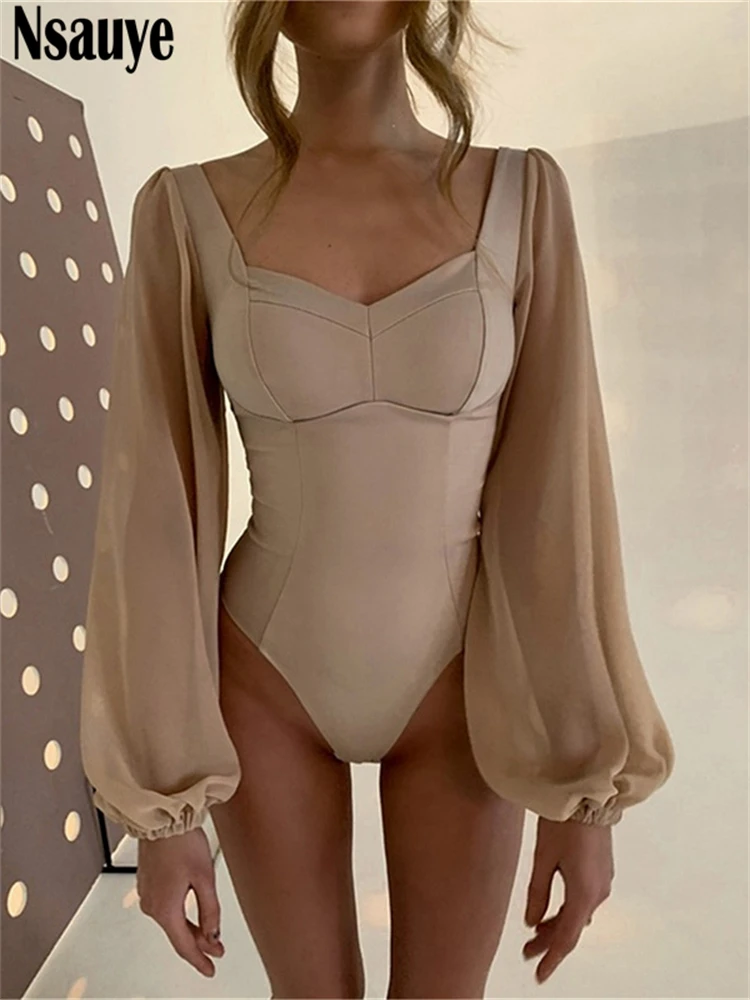 Nsauye 2022 Autumn Summer Sheath Long Puff Sleeve Skinny Women Rompers Bodysuits Y2K Square Collar Fashion Jumpsuit Body Tops – Image 8
