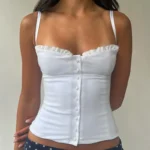 Y2K Sexy Lace Patchwork Slimming Camis Women Breasted Design Cinched Waist Cropped Tops Aesthetics Party Sexy Ruched