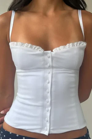 Y2K Sexy Lace Patchwork Slimming Camis Women Breasted Design Cinched Waist Cropped Tops Aesthetics Party Sexy Ruched
