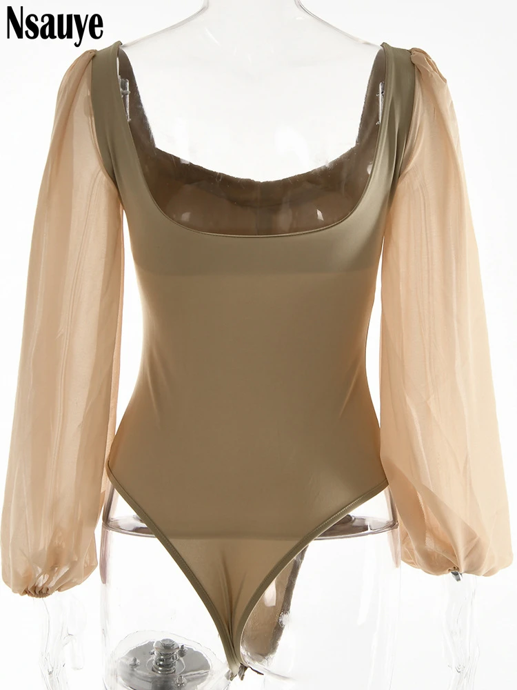 Nsauye 2022 Autumn Summer Sheath Long Puff Sleeve Skinny Women Rompers Bodysuits Y2K Square Collar Fashion Jumpsuit Body Tops – Image 17