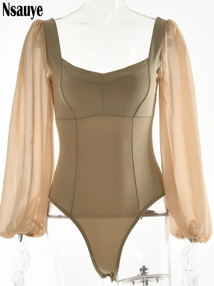 Nsauye 2022 Autumn Summer Sheath Long Puff Sleeve Skinny Women Rompers Bodysuits Y2K Square Collar Fashion Jumpsuit Body Tops – Image 5