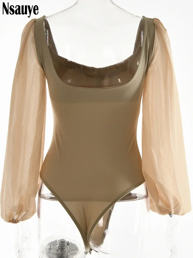 Nsauye 2022 Autumn Summer Sheath Long Puff Sleeve Skinny Women Rompers Bodysuits Y2K Square Collar Fashion Jumpsuit Body Tops – Image 6