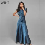 WTHT Fashion Women's Ruffled Edge Sleeveless Denim Long Dress 2024 Autumn O-neck Single Breasted Pleated Dresses Female 1LS125