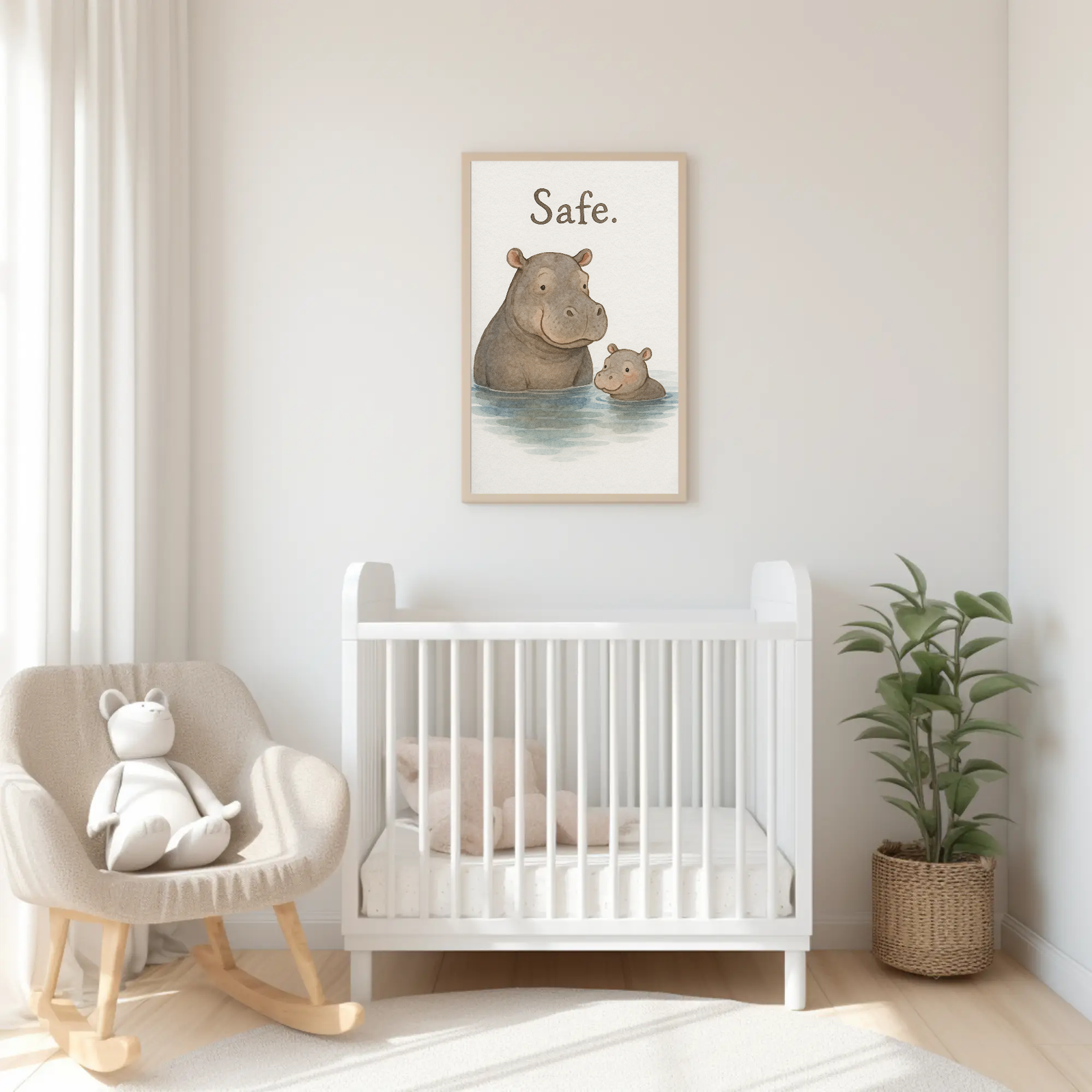 Safe Hippo Family Watercolour Nursery Children's Room Wall Decor Print – Image 3